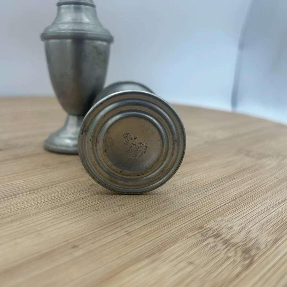 International Pewter Weighted Salt and‎ Pepper Shakers Glass Lined Vintage Money